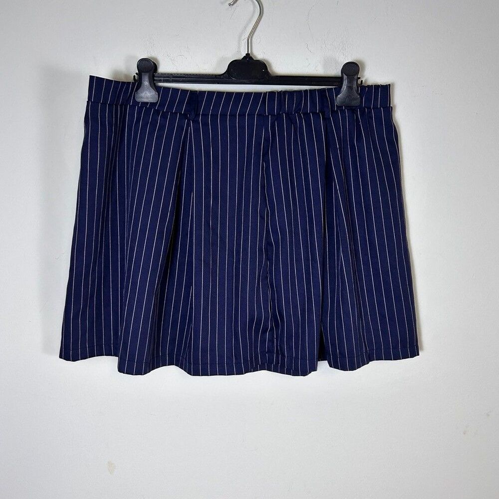 Shein Curve Pleated Mini Skirt Womens 2XL Navy Blue Pinstripe Elastic Waist